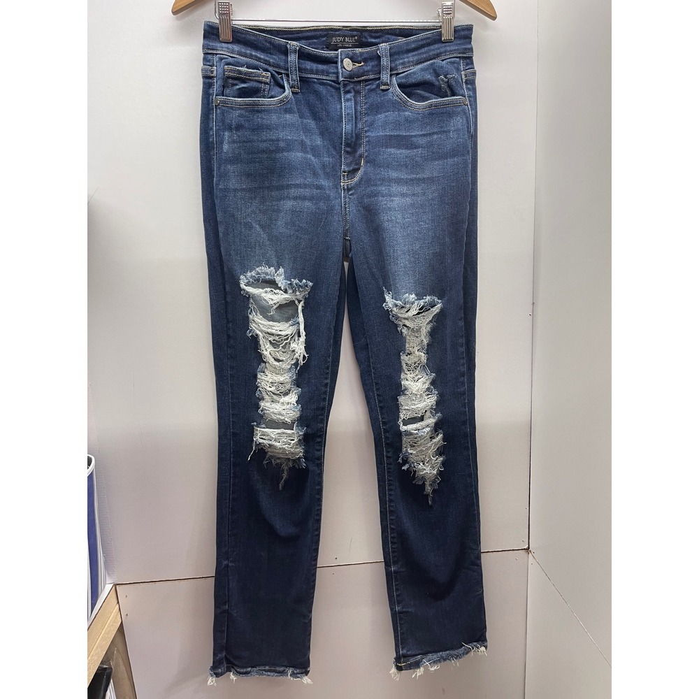 Judy Blue Straight Fit Distressed Raw Hem Jeans Dark Wash Size 9/29 82252DK